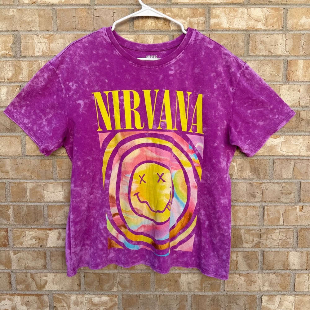 Nirvana Live 93 Tour Graphic T-Shirt Purple Acid Wash Smiley Face XL EUC